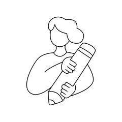 Girl holds big pencil in her hands. Line illustration, editable stroke