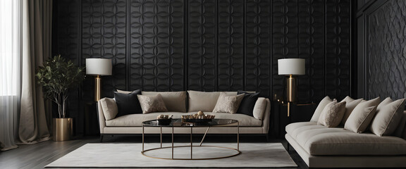Modern cozy living room interior in black tones, living room mock up, arch pattern wall background