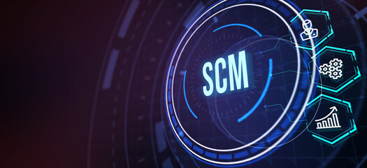SCM - Supply Chain Management.  Supply Chain Management SCM. Aspects of Modern Company Logistics Processes. 3d illustration