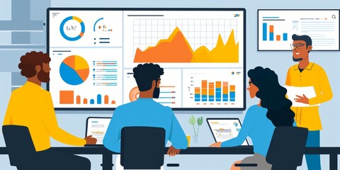 Teamwork process. Colleagues working together in office. Colleagues discussing financial graphs and diagrams. illustration in flat style