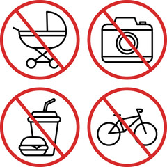 Vector set of prohibition signs. No bicycle parking, photography, food and drink, baby stroller. Prohibition symbol sticker for public places. Editable stroke. Vector illustration