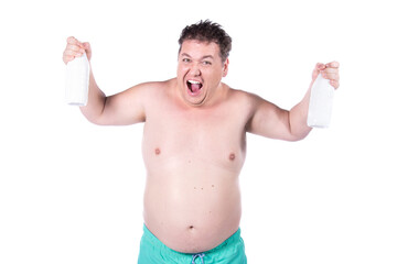 Funny fat man. White background.