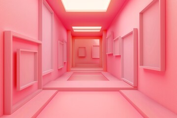 A colorful room with various shapes and sizes of orange and blue boxes