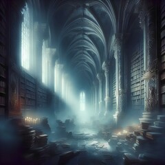 Fantasy forgotten library bathed in ethereal moonlight, bookshelves stretching into infinity, whispered secrets echoing through the dusty halls.