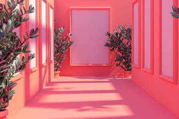 A colorful hallway with a green plant in the middle