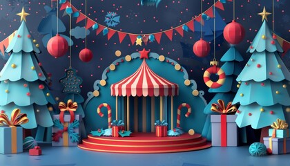 Circus stage podium background to celebrate Christmas Day, boldly styled in paper art styles, banner template sharpen with copy space