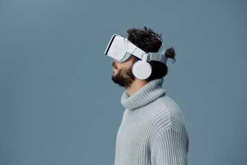 Simulator man modern vr headset digital reality device virtual technology innovation