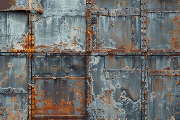 A rusted and weathered roof with a mix of red and blue colors