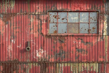 A red building with a window and a pipe