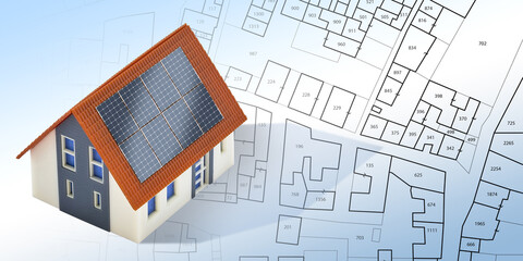 Photovoltaic system installation on a residential building - Building permit concept with home...