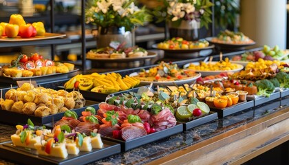 Obraz premium Delight in a brunch featuring signature dishes that create a busy actionshot of indulgent and healthy options clashing on a latenight menu stage