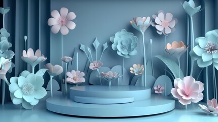 Empty studio with podium of Mothers Day flowers, uniquely presented in paper cut styles, synth wave