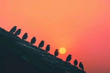A group of birds are perched on a roof, with the sun setting in the background - Powered by Adobe