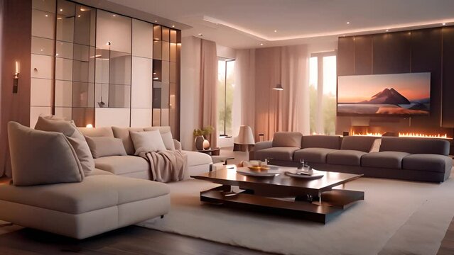 Spacious Living Room With Large Couch and Flat Screen TV Generative AI