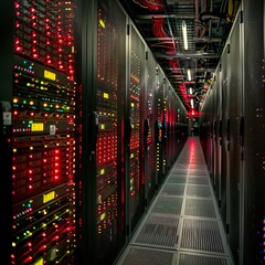 Fototapeta premium Conceptual image of a modern data center. Rows of server racks with bright red indicator lights.