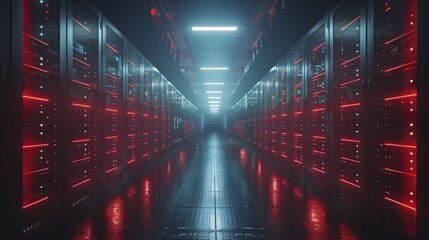 The image is a dark and mysterious data center. The red lights and the blue light create a sense of danger and excitement. The image is perfect for a technology advertisement.