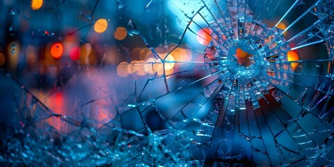 Window shattered from impact dangerous damage caused by accident or vandalism. Concept Window Damage, Impact, Vandalism, Safety Hazard, Repair Assistance