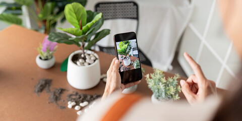 Hobby, young woman hand using mobile phone taking photo of pot, houseplant with dirt soil on table at home