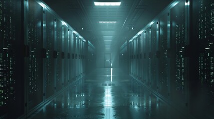 Fototapeta premium Mysterious Data Center Hallway with Green Lights