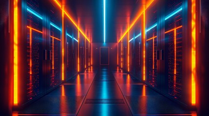 Sleek Data Center Corridor with Neon Lighting