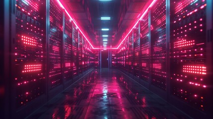 Vivid Pink Neon Lights in Data Center Aisle