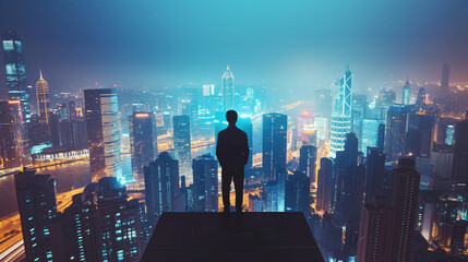 Successful Businessman standing at the building and night and looking at modern skyscrapers with...