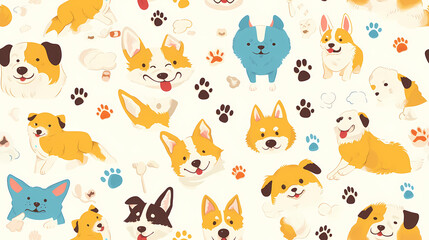Seamless pattern with cute cartoon dogs and paws. Vector illustration