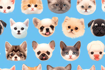 Seamless pattern of different breeds of cats and dogs on blue background