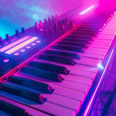 Neon style of musical instruments sets the stage for a synthwave concert, where every note glows in...
