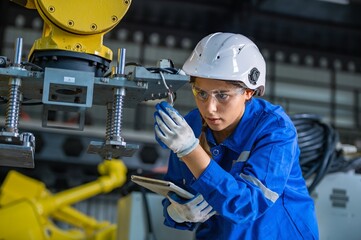 Fototapeta premium woman engineer in uniform helmet inspection check control heavy machine robot arm construction installation in industrial factory. technician worker check for repair maintenance electronic operation