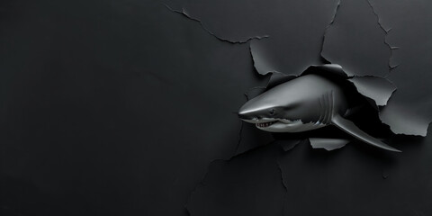 Big and scary great shark peeking through a hole in a black background. An animal sticks his head...