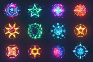 Show Colorful Glow HUD icon of festival names in retro styles, banner sharpen with copy space