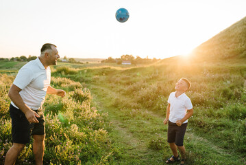 Father and young boy playing in field with soccer ball. Handsome dad with little cute son playing...