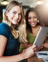 Women, tablet and portrait for planning in cafe, teamwork and remote work for startup company. People, collaboration and journalism in coffee shop, speaking and support on research for online article