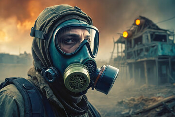 A character in a gas mask against the background of flames and a destroyed apocalyptic view, air pollution.