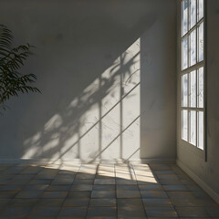 Empty room with minimalist design, sunlight streaming through a window casting intricate shadows on the interior, highlighting the beauty of simple. 3d render.