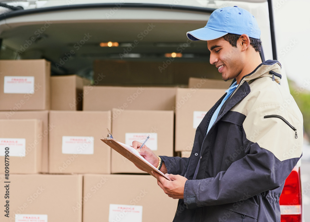 Poster man, writing and delivery with van, checklist and invoice or updates on courier service or quality c