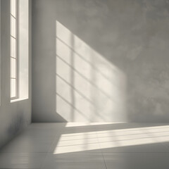 Obraz premium Empty room with minimalist design, sunlight streaming through a window casting intricate shadows on the interior, highlighting the beauty of simple, functional spaces. 3D digital rendering
