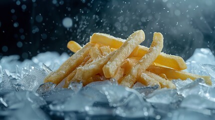 In a creative commercial photography image, French fries are arranged over ice cubes, creating an intriguing visual contrast. Crispy potatoes contrast with the translucent coolness of the ice.