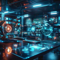 Futuristic Computer desk , Technology Concept.