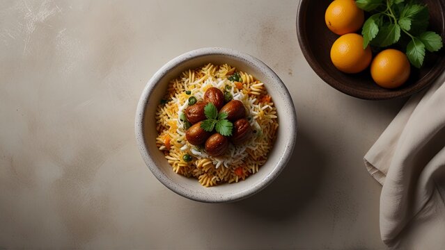 Top View: 8K Ultra-Realistic Biryani Course Pakistan Food Photograph by Lenka's Lens Studios.