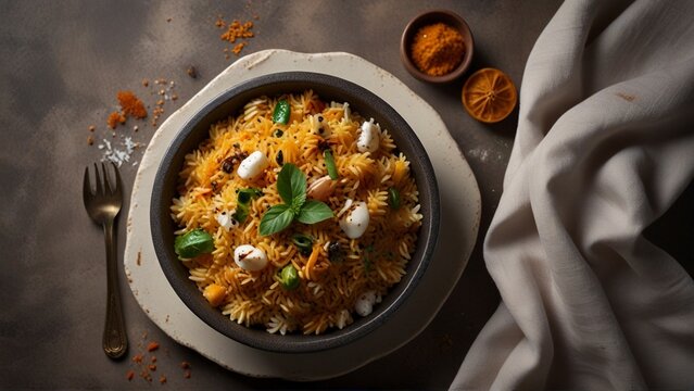 Top View: 8K Ultra-Realistic Biryani Course Pakistan Food Photograph by Lenka's Lens Studios.