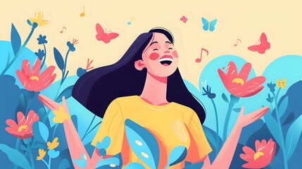 Joyful Singing: Woman Embracing Music with Blissful Joy