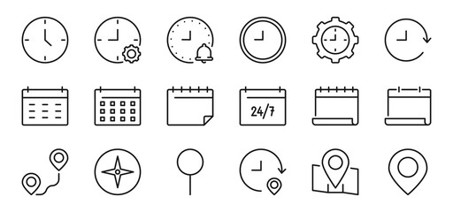 Time, calendar and location line icons set. Point, map, gps navigator, timing, timer, alarm. Isolated on a white background. Pixel perfect. Editable stroke. 64x64.