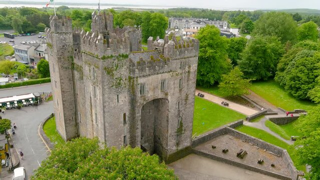 Bunratty Castle, aerial view of the large 15th-century tower house in County Clare, located in the center of Bunratty village, between Limerick and Ennis, Ireland.