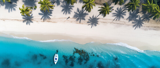 Birds Eye view of a sandy beach with a boat and palm trees  - Powered by Adobe