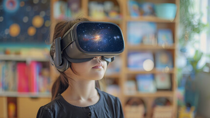 Little girl using a virtual reality headset to explore starry outer space from a library.