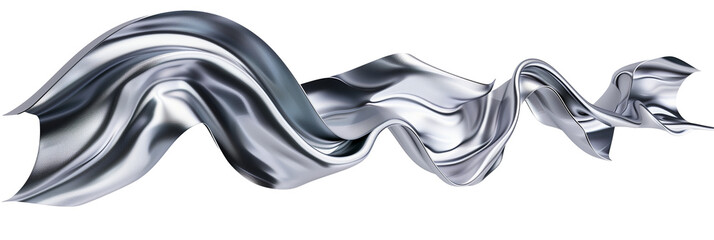 3D silver flowing ribbon shape, fluid motion, isolated on transparent background