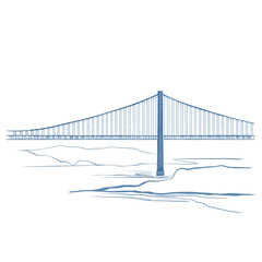 Bridge of april 25 in lisbon or golden gate gate bridge in san francisco in monochrome graphics in blue and white. Line graphics. Landscape with a river for posters,cards,souvenirs.