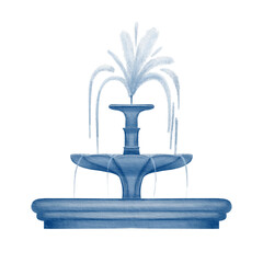 Fountain with flowing water in monochromatic blue and white color. Clipart.side view. Watercolor technique.Cartoon stylization For stickers, collages, souvenir production